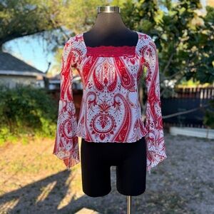 2000s Y2K Wet Seal Mesh Bell Sleeve Paisley Top